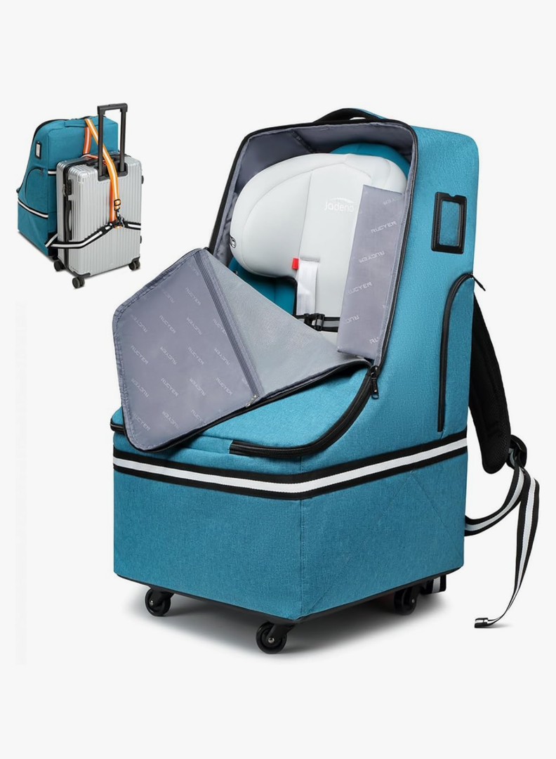 Rolling Car Seat Travel Bag, Padded Carseat Travel Backpack for Airplane,Large Durable Carseat Travel Bag with 4 Wheels,Adjustable Shoulder Strap and Waterproof Base Blue