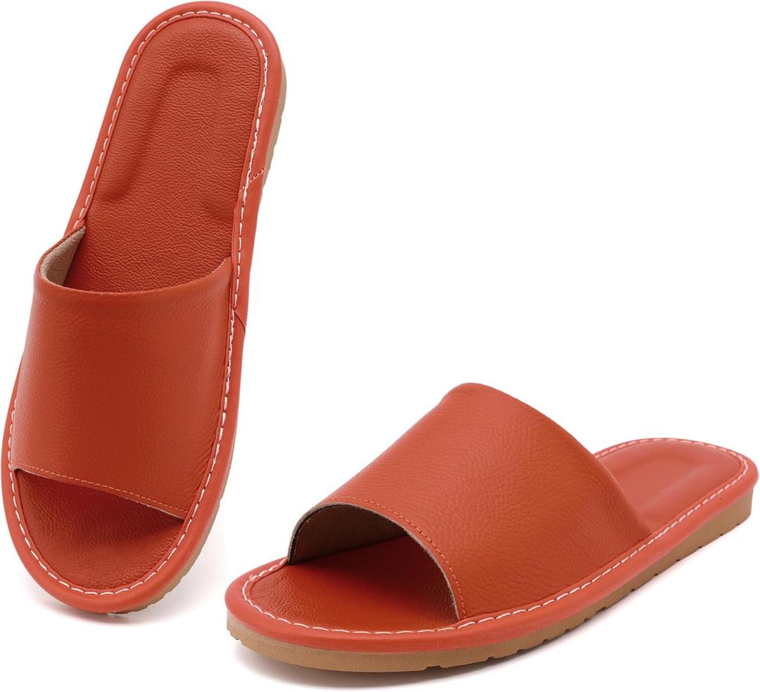 Sandals Women Men, Genuine Leather Slippers, House Slippers for Women Indoor Outdoor, Unisex Soft Flat Sandals (Orange)