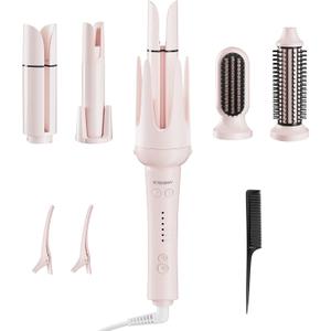 5 in 1 Automatic Curling Iron Set with Interchangeable Ceramic Barrels, Straightening & Volumizing Brush, 3 Temp & Timer, Fast Heating Dual Voltage  1/1.25/1.57 Inch Set