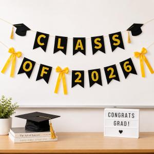 2 x 2026 Graduation Decorations, Black Gold Class of 2026 Graduation Party Banner with Bows, Glitter Grad Party Supplies, Graduation Garland Backdrop for Indoor Outdoor Home Party Decor