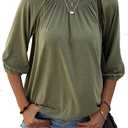 Axxnism 3/4 Sleeve Shirts for Women Loose Fit Pleated Crew Neck Trendy Tops Cute Casual Work Shirts (Small, A05_green)