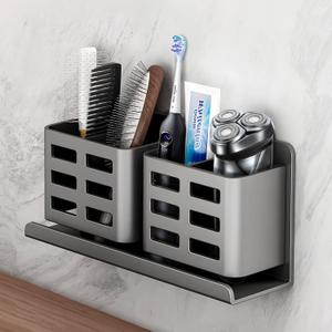 Tooth Brush Holder for Bathroom, Toothbrush Holder with Self-Adhesive, No-Drill Aluminum Hanging Bathroom Organizer Holds Toothbrush, Razor, Comb & Toothpaste etc (Grey)