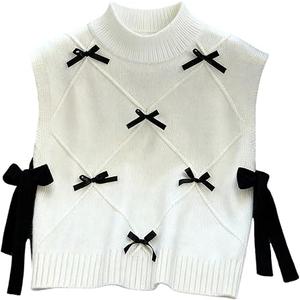 RoseSeek Women's Sweater Vest Mock Neck Turtleneck Knit Vest Cute Bow Ribbon Sweater Tank Top Knitwear White Medium