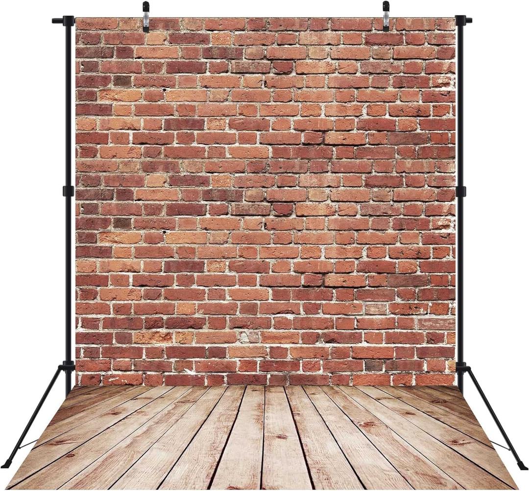 8X10FT Vintage Theme Red Brick Wall with Wooden Floor Photography Backdrop for Baby Shower Newborn Portrait Birthday Party Graduation Background Photo Shoot Props