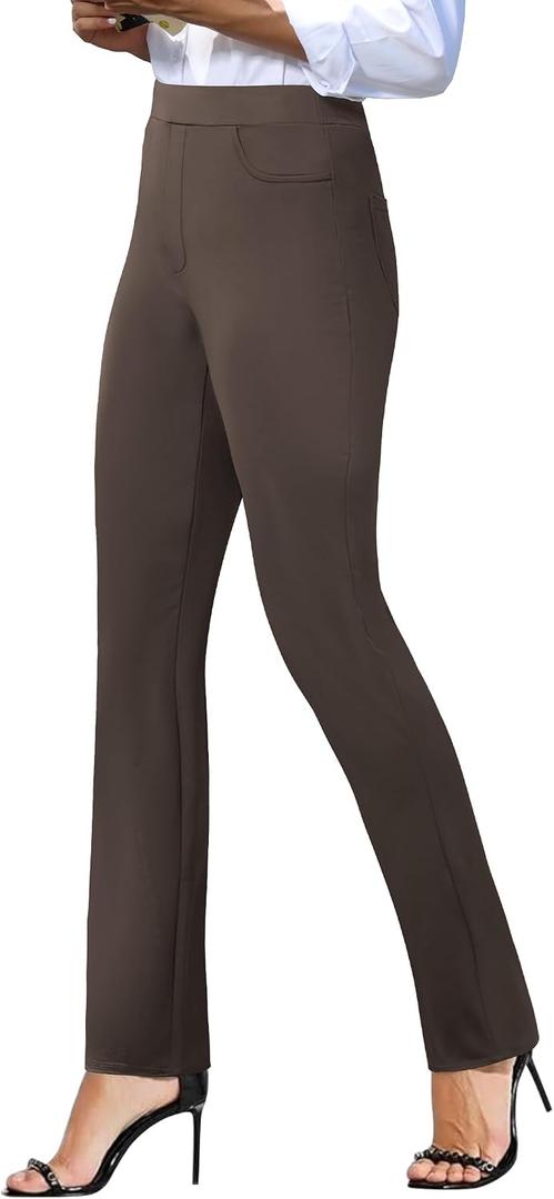 keriffe Women's Stretchy Yoga Dress Pants High Waisted Straight Leg Casual Work Business Office Slacks 4 Pockets (Brown, M)