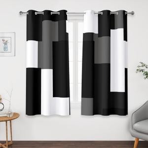 Black Grey Short Blackout Curtains 45 inch Length 2 Panels Set White Grey Modern Abstract Geometric Drapes for Kitchen Black Out Curtains Insulated Room Darkening Small Window Curtains, 42Wx45L