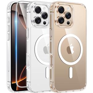 FNTCASE for iPhone 16 Pro-Max Case: Clear Magnetic Phone Cases with Screen Protector Compatible with Magsafe Slim Anti Yellowing Rugged Shockproof Protective Transparent Cell Cover (A-Clear)
