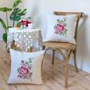 Pillow Covers 18 x 18 Inches Set of 2 Beige Soft Throw Pillow Covers with Red Rose Farmhouse Decoration Exquisite Embroidery Cushion Covers for Home Bed Couch Sofa