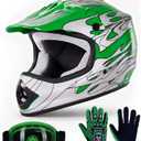 TCT-MOTORPARTS Green Flame DOT Kids Youth Motocross Helmets ATV Off-Road Dirt Bike Motorcycle Full Face Helmet+Gloves+Goggles Large