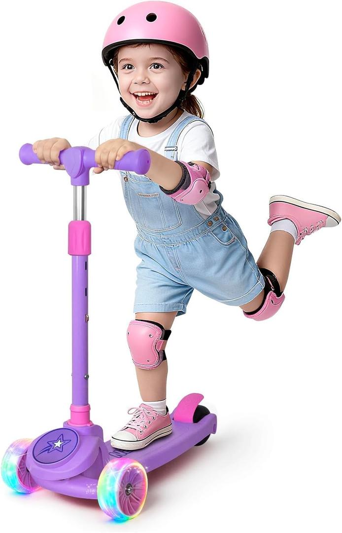 Nattork Kids Scooter for Girls Boys with Light Up Wheels, 3 Adjustable Height Handlebars, Lean-to-Steer Technology, Widen Anti-Slip Deck, 3 Wheel Scooter for kid ages 3-8, Support Riders Up to 110 LBS