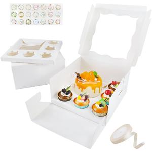 5 Packs 1+5 Cupcake Box Combo with Clear Window, Fit 5 Cupcakes and 1 Small Cake with Stickers and Ribbon,Bento Cake and Cupcake Box for Family Birthday Party Picnic Bakery Baking Supplies