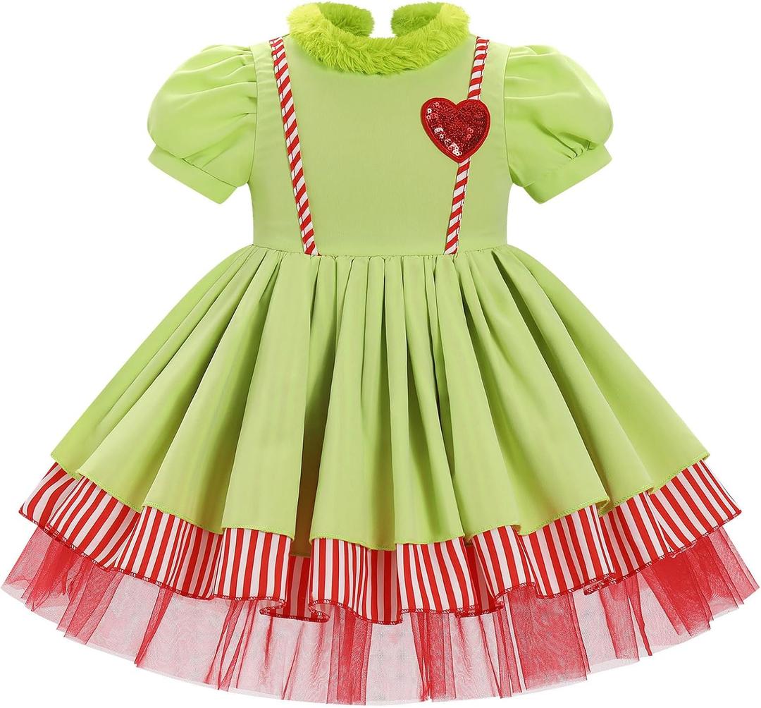 IDOPIP Toddler Girls Christmas Dress Puff Sleeve Tutu Dress Princess Baptism Ruffle Tulle Dress Cake Smash Photo Shoot Outfit (12-18 Months, Green)