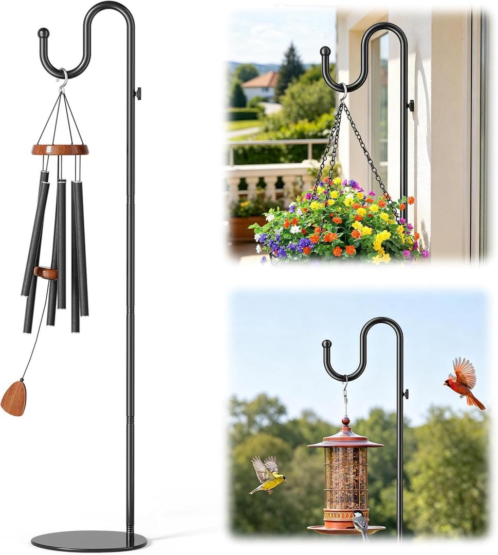 74" Shepherds Hook Stand, Adjustable Wind Chime Stand for Outside, Heavy Duty Free Standing Plant Hanger Pole for Bird Feeders, Lanterns, Wreaths & Hanging Plants, Indoor Outdoor, Holds Up to 20 LBS