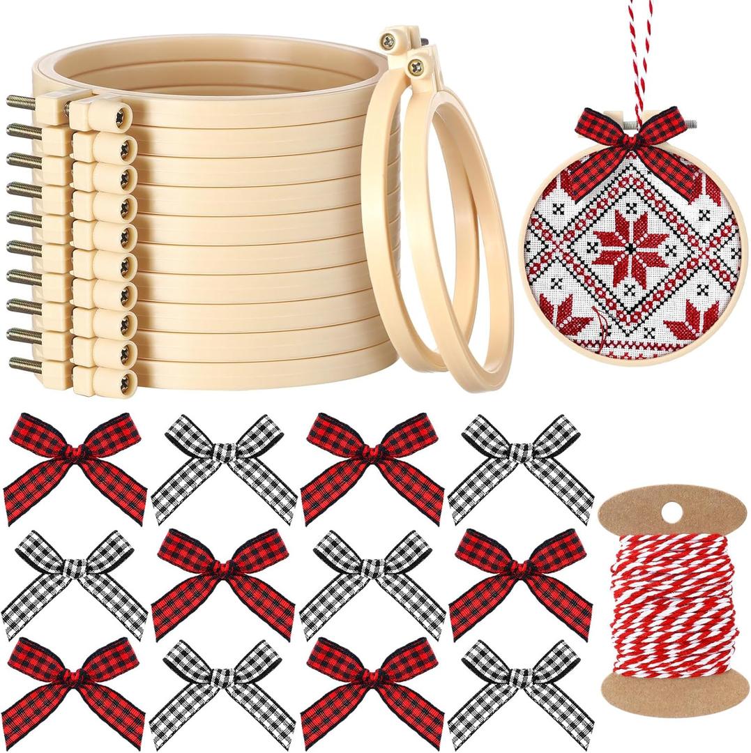 Beeveer 25 Pieces Christmas Embroidery Kits Includes Mini Embroidery Hoops Plastic Circle, Bows, Cotton Rope Cross Stitch Hoop Ring for Art Craft Handy Sewing DIY Xmas Tree Decoration(2.5 Inch)