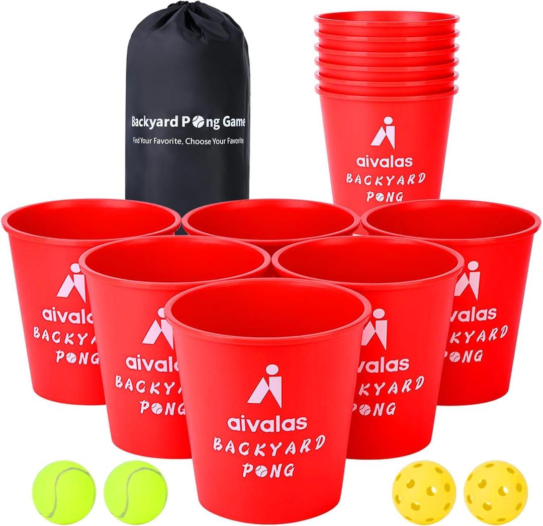 Yard Pong Outdoor Games, Giant Yard Games Set with 12 Buckets and Balls for Adults and Family, Toss Game Throwing Games for Beach, Camping, Lawn and Backyard (Red)