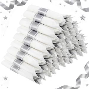 Supernal 240 Silver Plastic Silverware Set - 60 Sets Pre Rolled Napkins with Cutlery - Mirror Polished Real Look Disposable Silver Utensils- Elegant Heavy Duty Flatware for Weddings & Catering