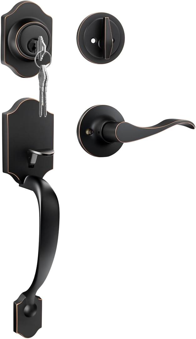 Haidms Oil-Rubbed Bronze Front Door Handle and Deadbolt Set, Front Door Lock Set, Entry Door Locksets with Deadbolt Single Cylinder, Exterior Door Handle with Reversible Handle Lever