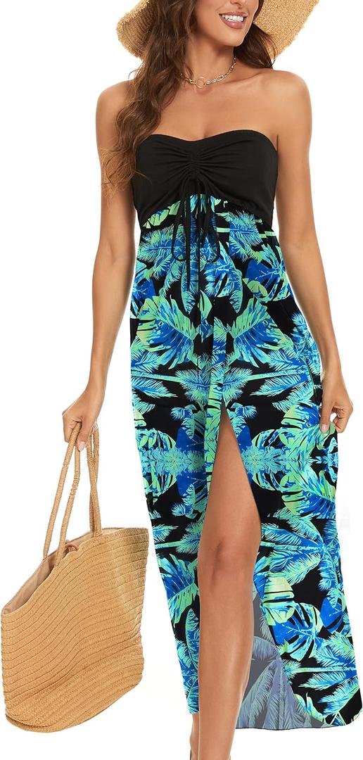 Women's Beach Dress Summer Maxi Sundress Strapless Hawaiian Cover Ups Asymmetrical Wrap Dresses,XL