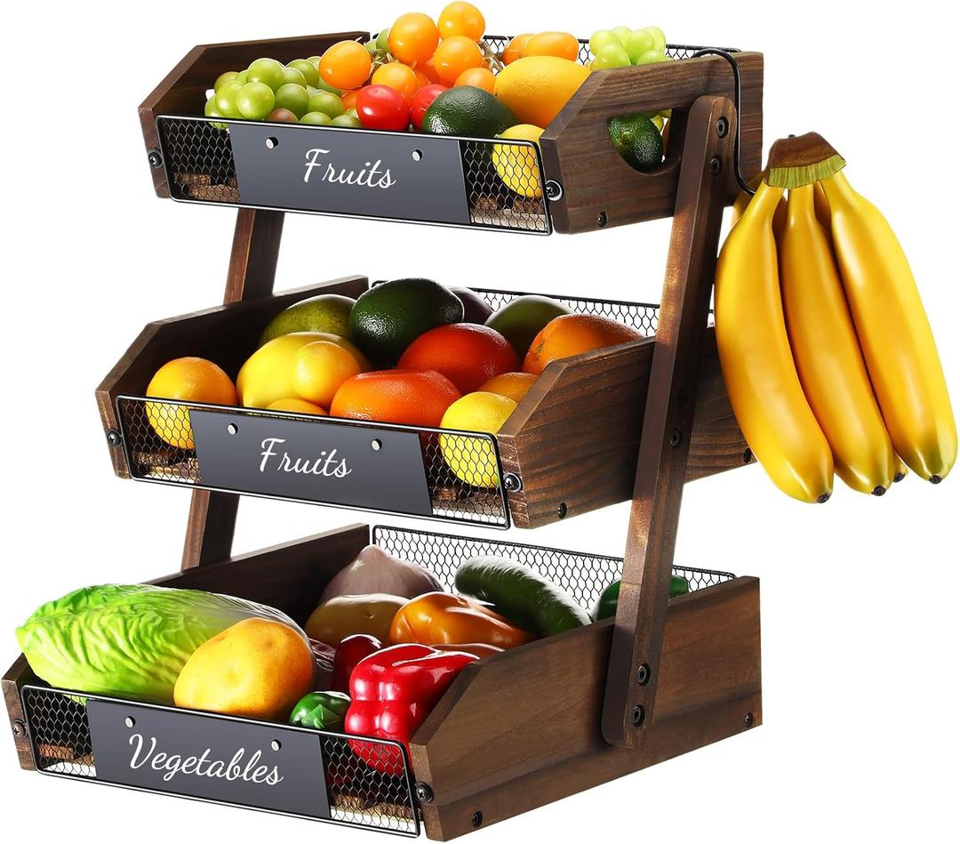 Briwooody 3 Tier Fruit Basket for Kitchen Counter Organizer with Banana Hangers Wooden Fruit Basket Kitchen Counter Storage Holder for Onion Potato Bread Vegetable Organize (11.7 x 12.5 x 15.7 Inches)