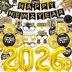 New Year Decorations 2026 New Years Eve Party Supplies Happy New Year Banner Glasses 2026 Balloons Hanging Swirl for New Years Eve Party Decorations