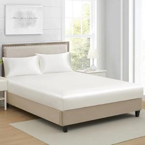 Twin Silk Satin Fitted Sheet, Soft Deep Pocket Single Bottom Bed Sheets Sold Separately, Wrinkle Free, Non- Fading, Breathable, Fully Elasticized(Twin Size, Ivory White)