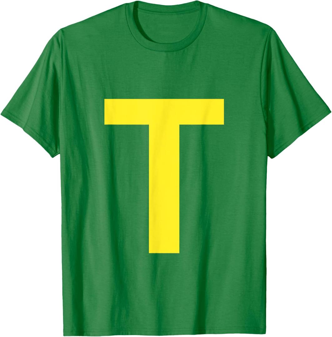 Letter T in Yellow on Green Costume Halloween Party T-Shirt, M