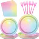 96Pcs Pastel Rainbow Birthday Party Supplies Iridescent Pastel Plates and Napkins Tableware Sets Rainbow Party Decorations for Girls Baby Shower Sprinkle Valentine's Day Party Favors Serves 24