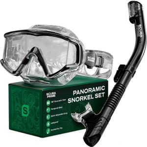 Pano 3 180° Panoramic Dive Mask, Three-Window Tempered Glass Scuba Mask with Dry Top Snorkel, Dual-Layer Silicone Skirt Anti-Leak Diving Gear for Men Women Teens Adults, 4 Color Options