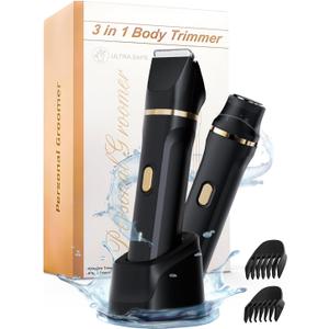 Upgraded Bikini Trimmer for Women, Dermave Bikini Shaver [2in1 & Painless] Electric Razor, [Waterproof] Pubic Body Hair Trimmer, Replaceable Ceramic Blade, Charge Dock, Gifts for Women/Men