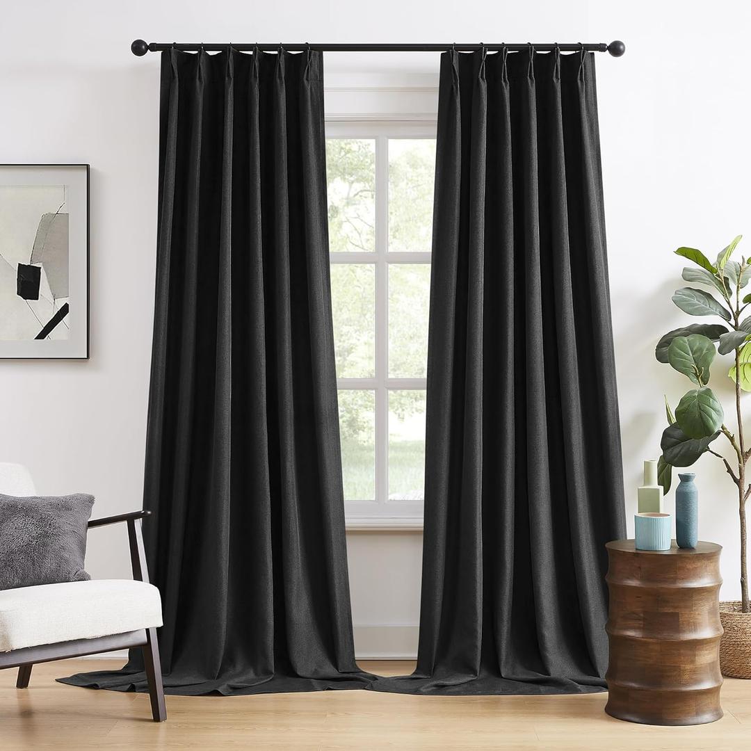 DUALIFE Black Pinch Pleated Blackout Curtain Panels/Drapes (40 Inch Wide by 108 Inch Length 9 FT, 2 Panels) Solid Thermal Insulated Energy Efficient Bedroom Curtains for Living Room, Set of 2