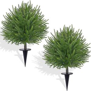 2 Pack 24'' Artificial Norfolk Christmas Topiary Ball Trees, Realistic Norfolk Pine Topiary with Spike Fake Ball Shrubs Plants Christmas Pot Fillers Outdoor Front Porch Door Garden Yard Decorations