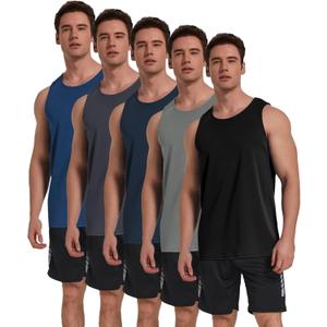 TELALEO 5 Pack Men's Workout Tank Tops Sleeveless Mesh Muscle Gym Shirt Quick Dry Black/Gray/Charcoal/Navy/Blue (Large)