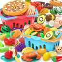 120 Pcs Cutting Play Food Toy for Multiple Kids with 2 Colors Storage Baskets, Kitchen Pretend Food Set for Toddler, Kitchen Toys Accessories, Fake Food/Fruit/Vegetable, Birthday Gifts for Boy Girl