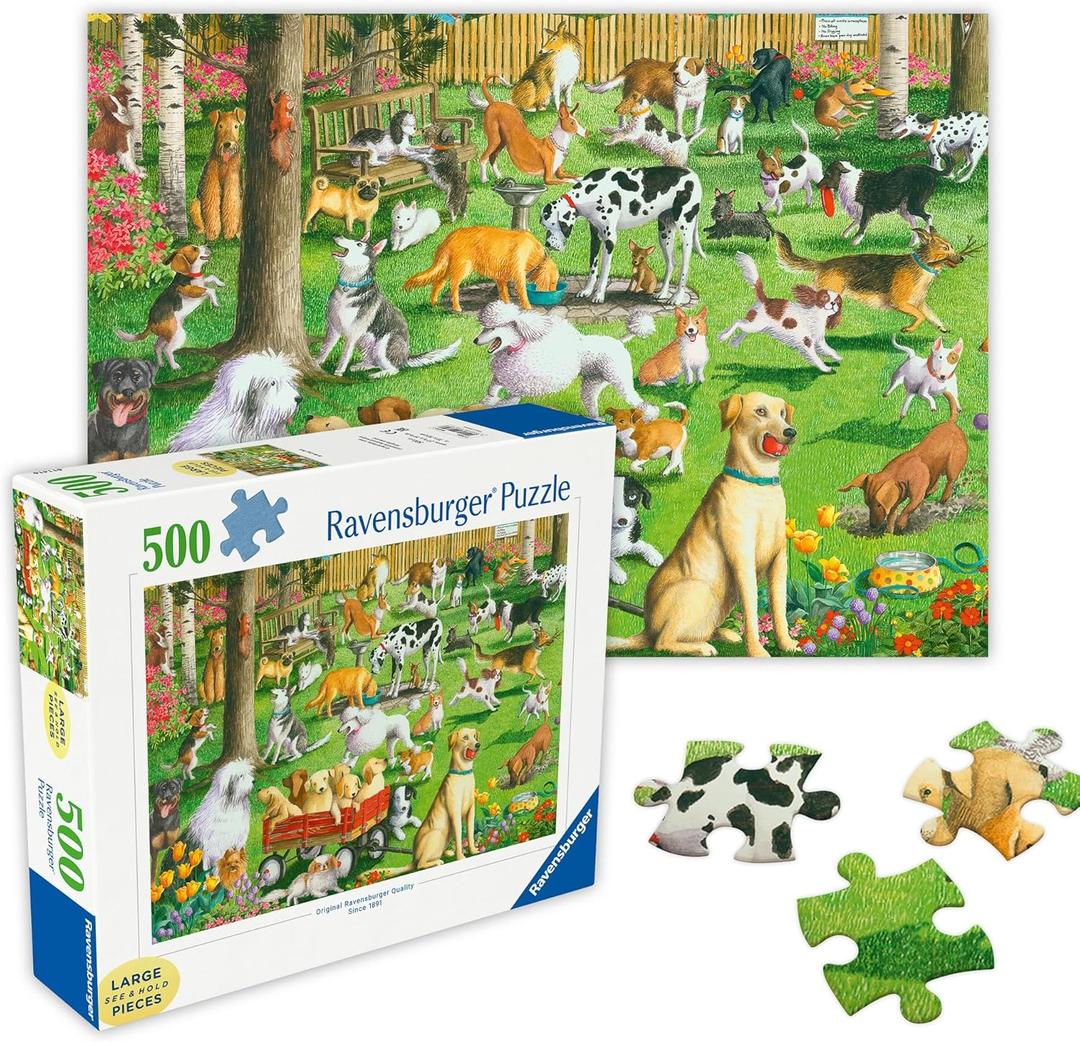 Ravensburger - at The Dog Park - 500 Piece Large Format Jigsaw Puzzle - Dogs of Every Breed Romp, Dig, Chase & Play - Premium Quality - Gift for Family Game Night - Puzzles for Adults