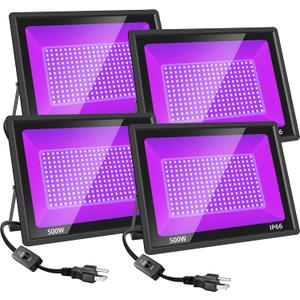 4 Pack 500W Black Lights Fixture, Blacklight Flood Light with Plug and Switch, IP66 Waterproof Blacklight for Halloween Party, Glow in The Dark, Stage Light, Body Paint, Neon Glow