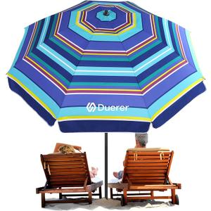 Duerer Beach Umbrellas, 7.5FT/8.5FT Sandbag Beach Umbrella for Sand with Anchor Heavy Duty Windproof, Height Adjustable Tilt Iron Pole, Portable Beach Umbrella with Carrying Bag for Beach