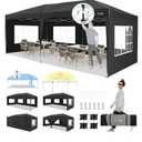 HOTEEL 10x20 Pop up Canopy with 6 Sidewalls, One Push Instant Setup Outdoor Canopy Tent with Reinforce Rod, Weight Bag, for Parties, Events, Black
