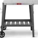 Outdoor Grill Cart, Pizza Oven Table with Wheels, Stainless Steel Countertop with Foldable Extension Table, Versatile Food Prep Grill Cart for Outdoor BBQ Cooking Gathering (Black)