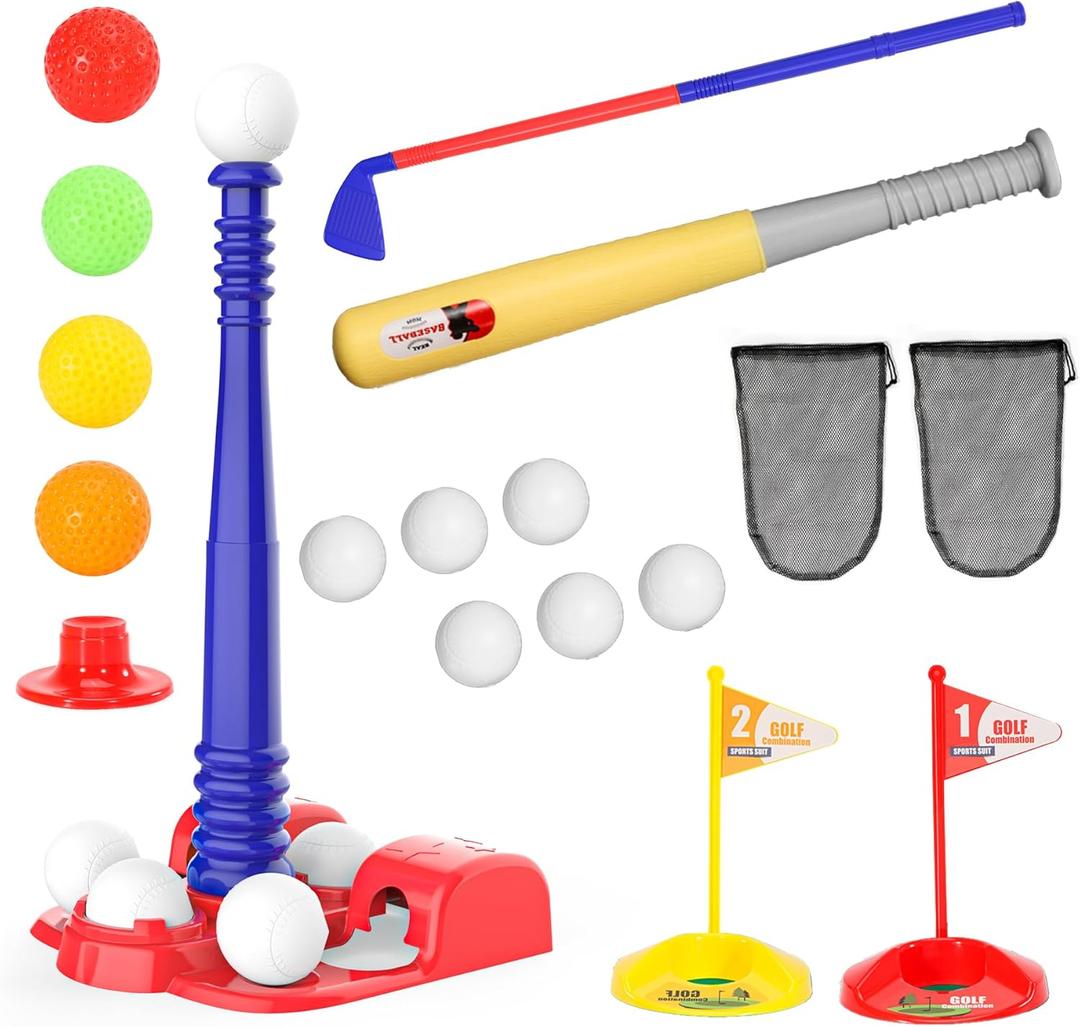 SMILESSKIDDO T-Ball Set and Golf Clubs for Kids 3-5 - 2 in 1 Tee Ball & Glof Playsets, Indoor & Outdoor Sports Toys | Gifts for Toddlers Age 1-3 2-4 3-5 4-6 5-8 Year Old Boys and Girls Kid