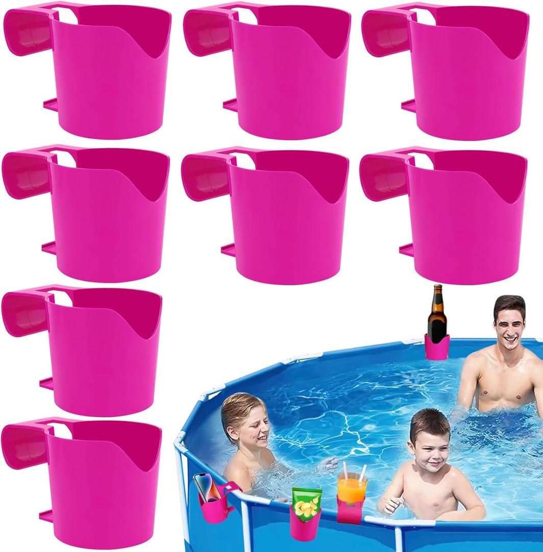 8PCS Poolside Cup Holders for Above Ground Pools Plastic Swimming Pool Drink Holder for Pool Side No Spills Pool Cup Holders for Drinks Fit for 2Or Thinner Round Bar Top Rails Pool Accessories R-Red