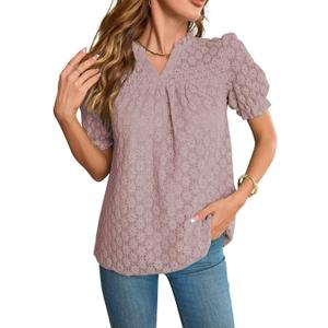 Falechay Tops For Women 2025 Boho Floral Short Puff Sleeve Shirts Summer Flowy V Neck Casual Lace Blouses (X-Large, Pink)