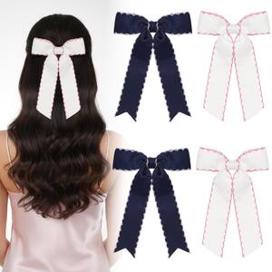 4 Pcs Edged Grosgrain Ribbon Hairpins, White Silk Hairclips Blue Bow Tie Knotted Ribbon Hairpins Accessories for Women Girls Thin Thick Hair Birthday Dance Graduation Party (White, Blue)