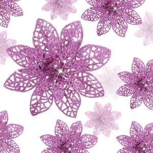 Boao 24 Pieces Christmas Poinsettia Tree Ornament Artificial Flowers Christmas Decoration Glitter Ornament, 3/4/6 Inches(Light Purple)