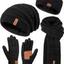 Womens Winter Beanie Hat Scarf Gloves Headband Set, Slouchy Beanie Ear Warmer Knit Scarf Touchscreen Gloves Warm 4 Gift Set, One Size (Black)