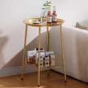 Small Outdoor Side Table, 2-Tier Round Metal Patio Table, Accent Table Waterproof, Weather Resistant End Table for Yard Porch Pool Balcony Garden Bedside (Gold)