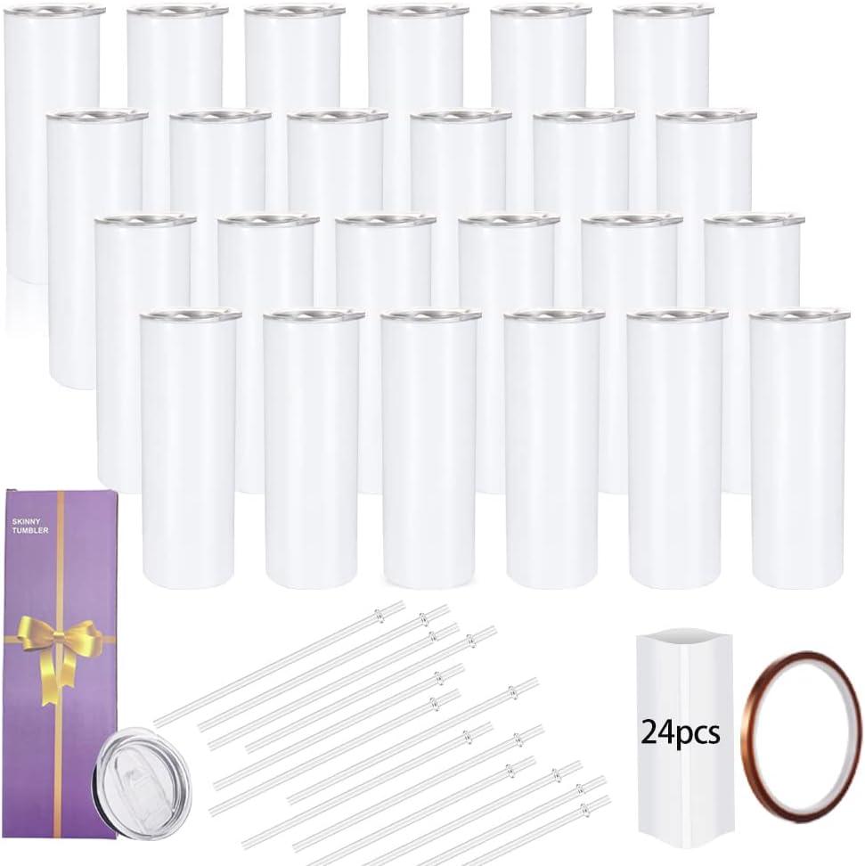 YOUKE OLA 24 Pack Sublimation Tumblers Straight Skinny Blanks 20oz for Heat Transfer, Individual Gift Boxed, Double Wall Insulated Tumbler with Shrink Wrap Films & Heat Tape & Straws, White, 24 Count