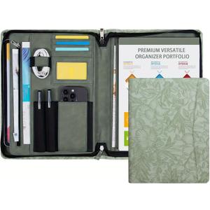 SUCCEWISHER Embossed Vegan Leather Portfolio for Women, Professional Organize Padfolio with A4 Notepad Holder, Professional Business Document Organizer for Women (Light Green)