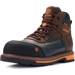 SUREWAY Composite Toe Heavy Duty Waterproof Work Boot, Mens 6" Welt Oil/Slip Resistant Dual-Density Comfortable Outsole Leather Construction Industrial Safety Lace Up Work Boots - Brown (9.5)