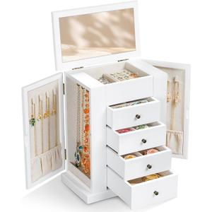 Emfogo Jewelry Box for Women, 5 Layer Large Wood Jewelry Boxes & Organizers for Necklaces Earrings Rings Bracelets, Rustic Jewelry Organizer Box with Rattan, Drawers and Mirror(Vintage White)