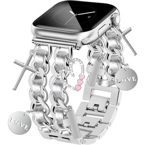Silver Watch Bands for Women Compatible with Apple Watch Band 46mm 42mm(S3/2/1) 44mm 45mm 49mm Adjustable Unique Charms Metal Strap Chain Bracelet for iWatch Series 11/10/9/8/7/6/5/4/3/2/1/SE/Ultra